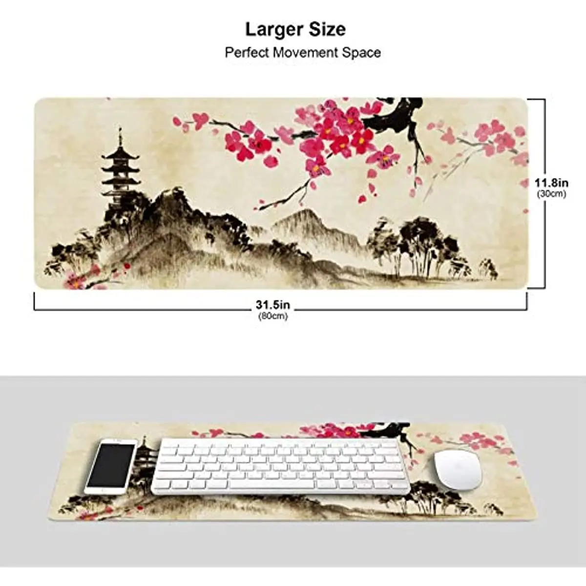 Japanese Watercolor Mountain Mouse Pad Extended Mouse Mat Stitched Edges Mousepad Long Rubber Base Mice Pad 31.5 X 11.8 Inch