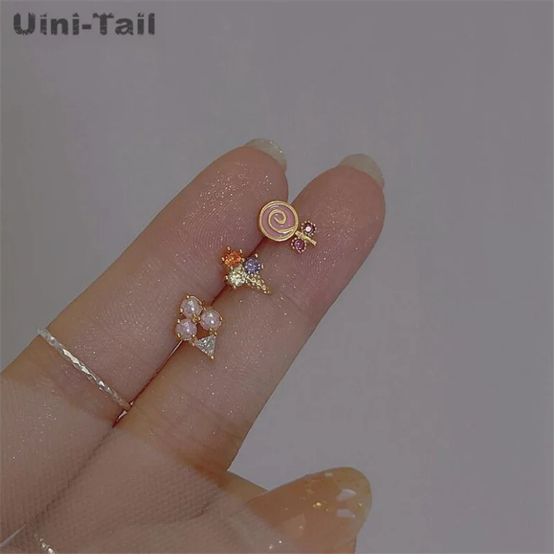 Uini-Tail\'s new 925 Tibetan silver sweet ice cream lollipop micro-set earrings temperament simple summer dessert series earrings