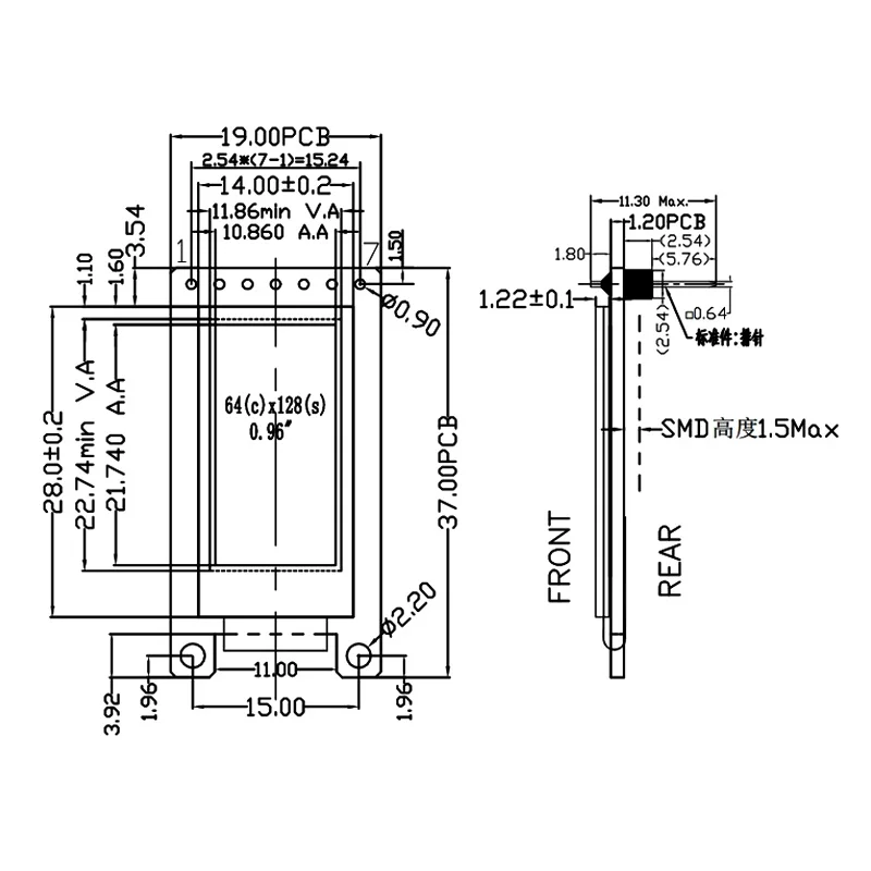 0.96 インチ OLED ディスプレイ モジュール SH1107 ドライバー、64x128 解像度、SPI インターフェイス ホワイト モノクロ COG 7 ピン小型 LCD スクリーン モジュール