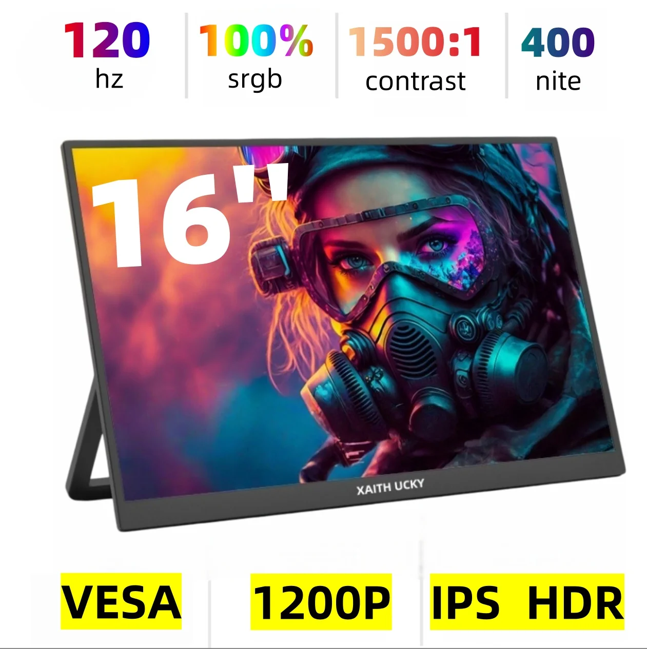 XAITH  UCKY 16-inch Portable Monitor, 100% sRGB, 120Hz, Gaming Screen with Type C HDMI for PC Steam/Deck/Switch/PC/Mac/Xbox PS4