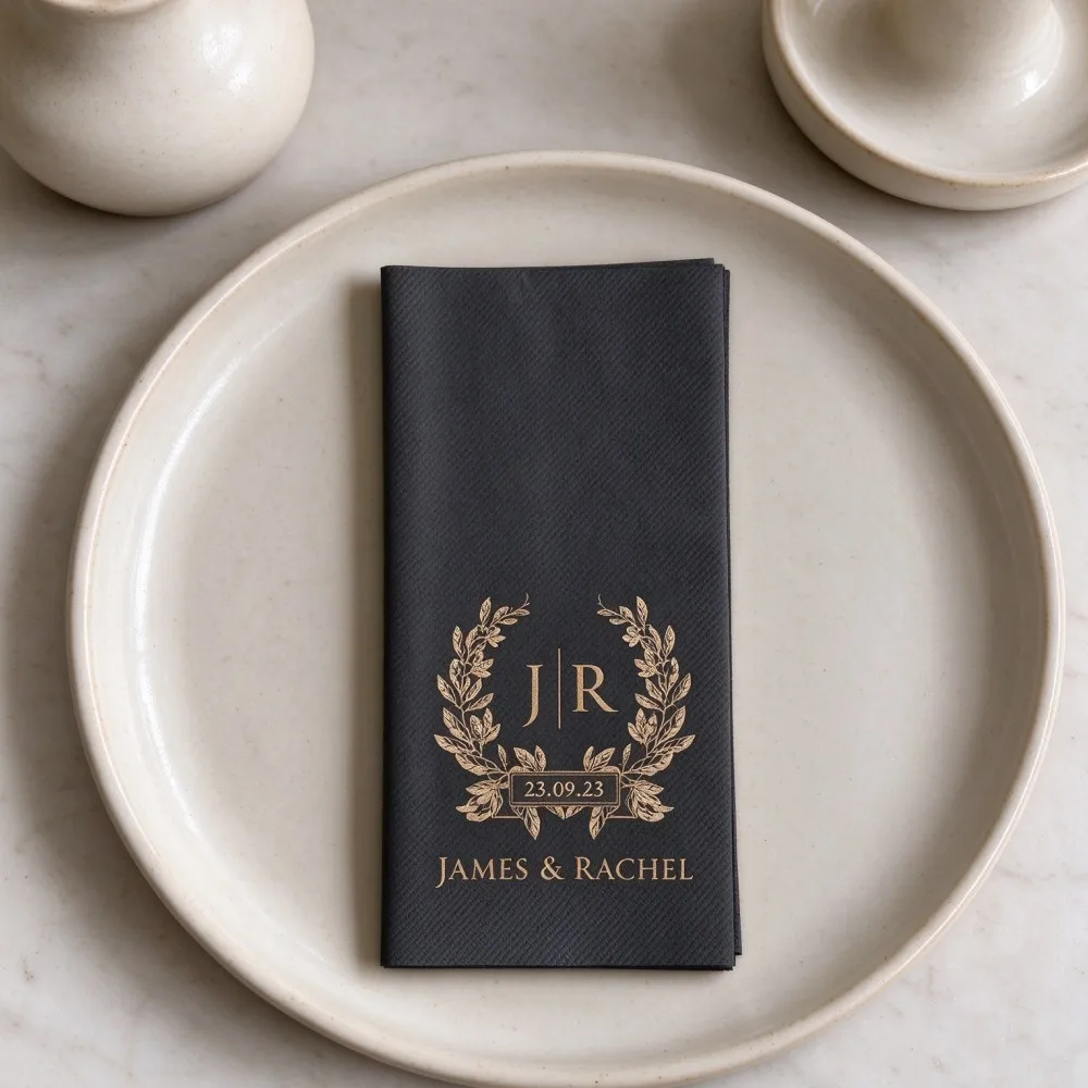 100Pcs Custom Initial Monogram Laurel Wreath Napkins, Disposable Airlaid Cocktail Napkins Personalized Wedding Table Party Favor