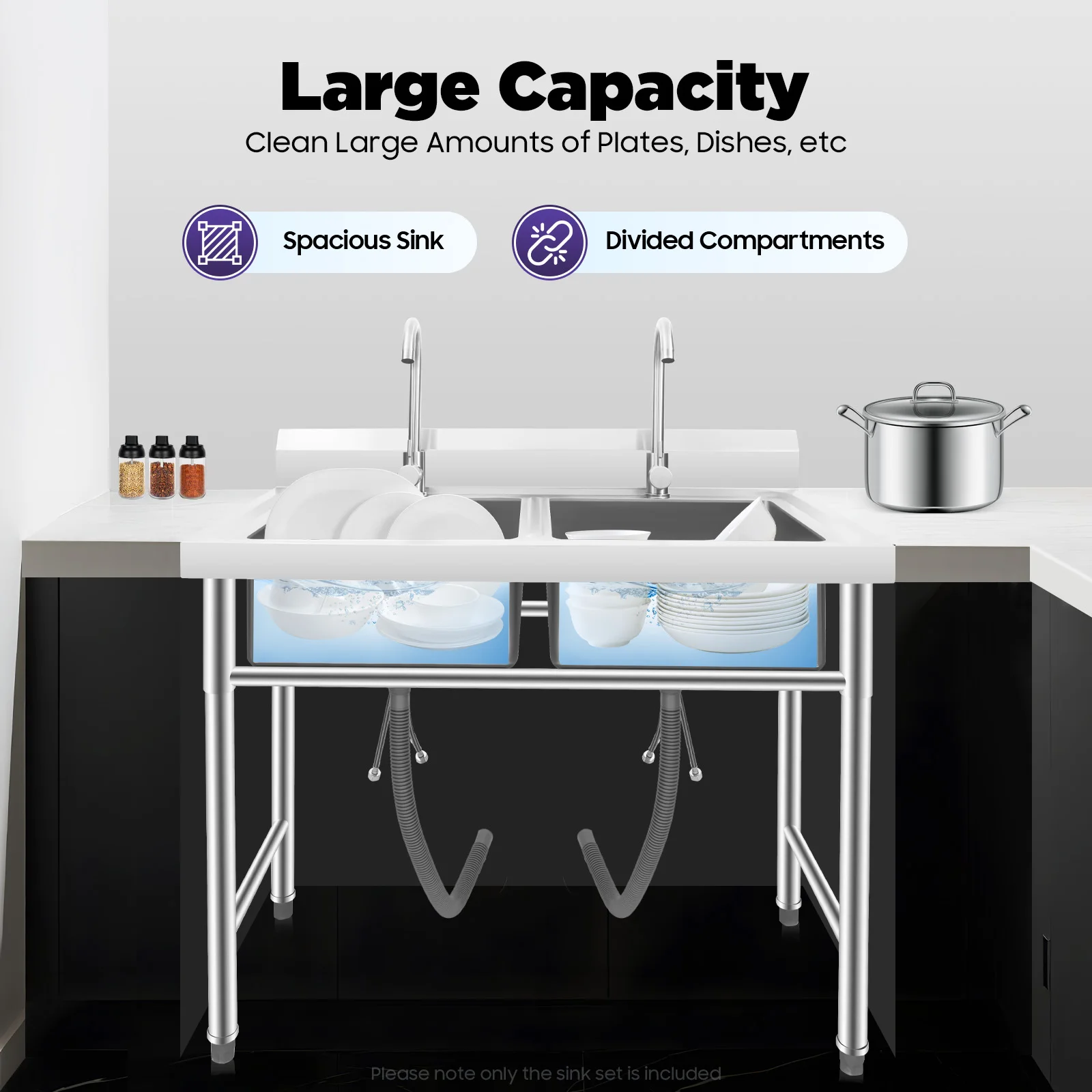 

2-Compartment Stainless Steel Sink Free Standing 360° Rotating Faucet X Infusion Design Anti-Splash For Restaurants