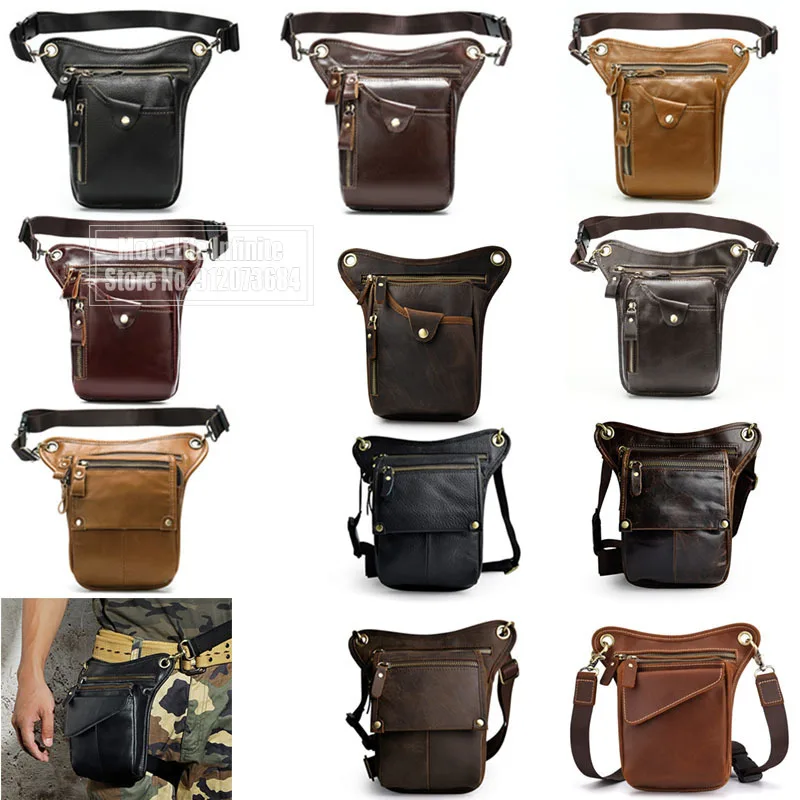 Motorcycle Riding Grain Real Leather Design Shoulder Sling Bag Phone Pouch Travel Fanny Waist Belt Pack Leg Thigh Bag For Men