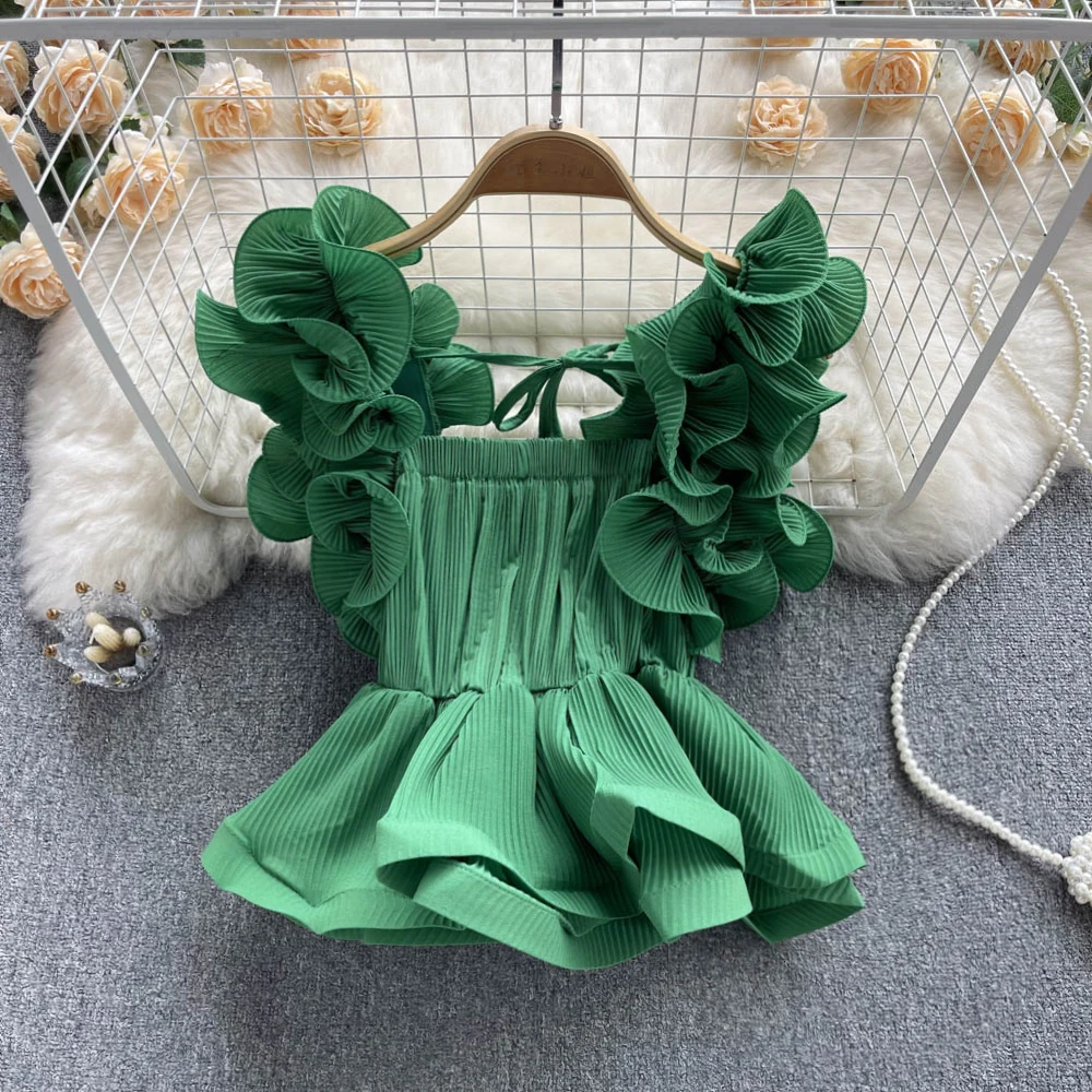 

Women's Clothing Summer 2023 Ruffle Halter Tank Top Women's Sexy Outer Wearing Sweet Tunic Skirt Solid Color Blouse Top Women