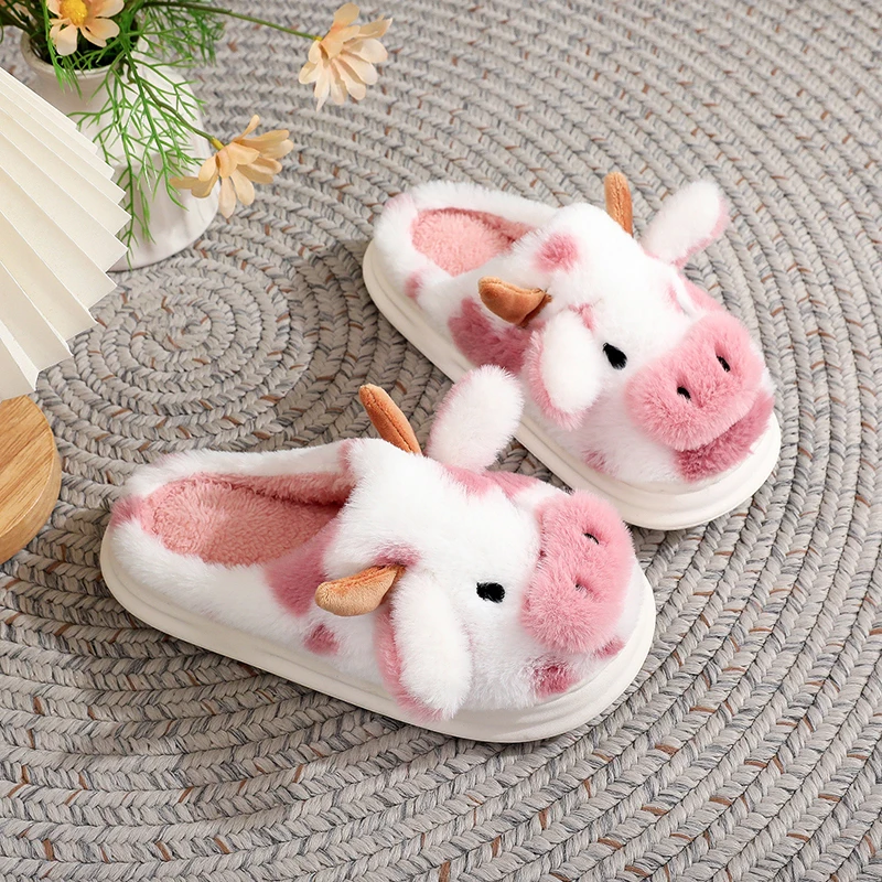 3D Cow Plush Slippers Women Home Winter Fluffy Platform Mules Shoes Girls Animal Cartoon Indoor Fuzzy Fur Slides Unisex Non-Slip