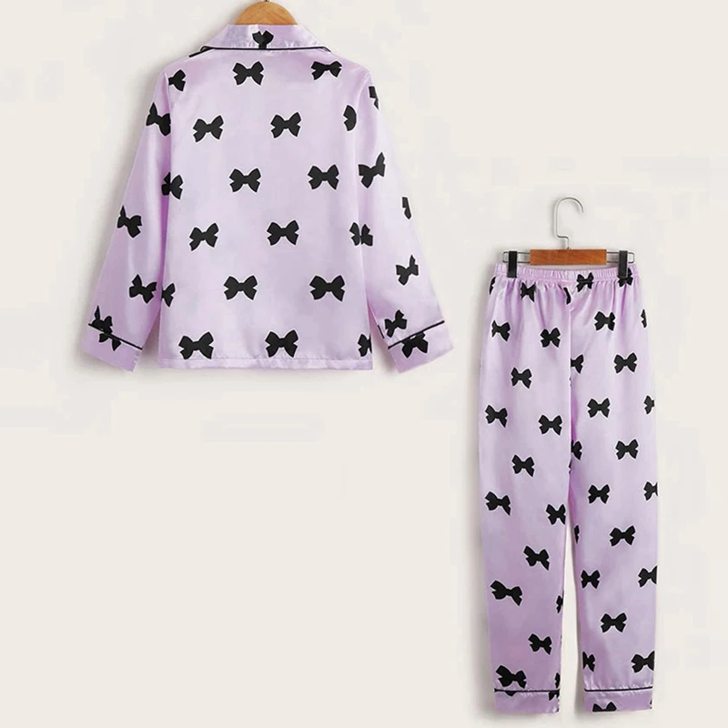 New Spring Girls pigiama Solid Bow Print Faux Silk Sleepwear Set bambini pigiama abbottonato traspirante Set in raso camicia da notte per bambini