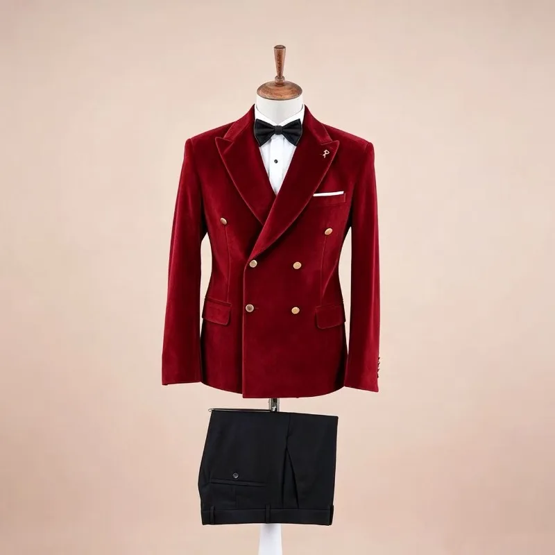 Burgundy Men Suits for Wedding Tuxedo with Gold Buttons 2 Pieces Groom Suit Slim Fit Party Separates Velvet Suit Jacket Pants