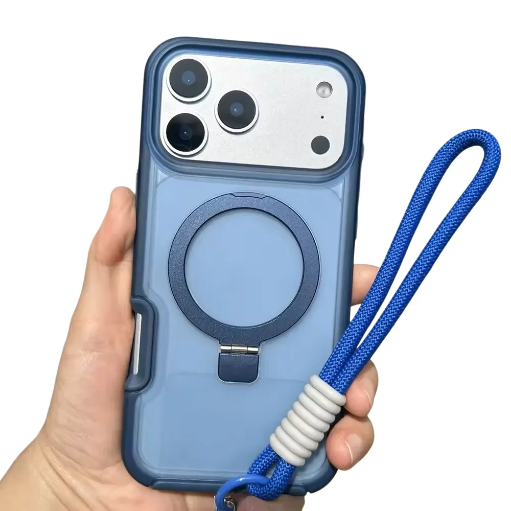 Luxury Matte Magnetic Ott Phone Case For iPhone 17 Air 16 15 14 Plus Pro Max TPU+PC Anti-fall With Stand & Hand Strap Cover