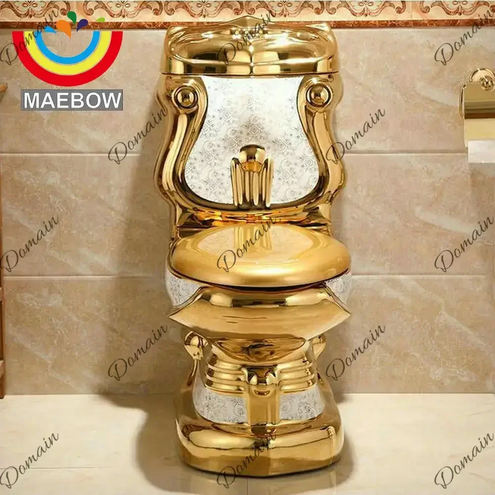 BR MAEBOW Luxious Golden Gravity-Flush Washdown Wide Sewer Pipe Dual Flush Floor Mounted With Seat Kinglike Bathroom Toilet