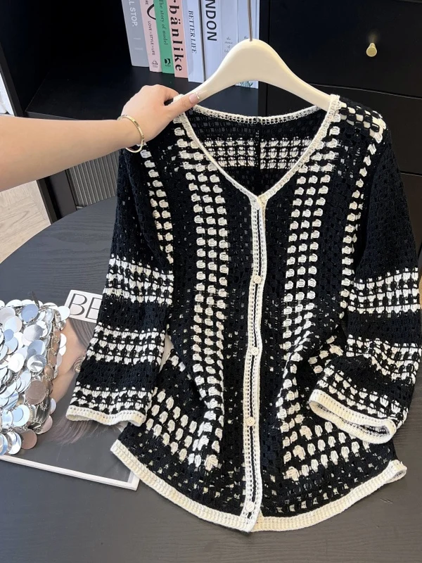 V-Ne Knitted Open Cardigan plus Size Women Casual Hollow out Color Blo Outerwear Autumn Top Comfortable Versatile plus Size