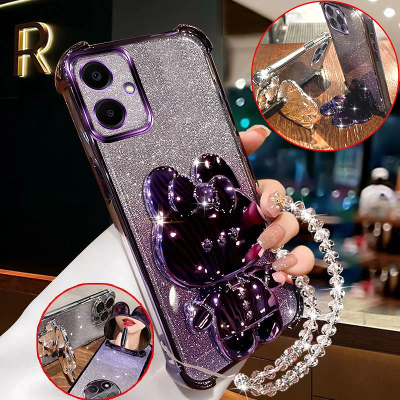 

A06 A16 Fashion Case For Samsung Galaxy A06 A16 A26 A36 A12 A02 Rabbit Makeup Mirror Stand Holder with Bracelet Shockproof Cover