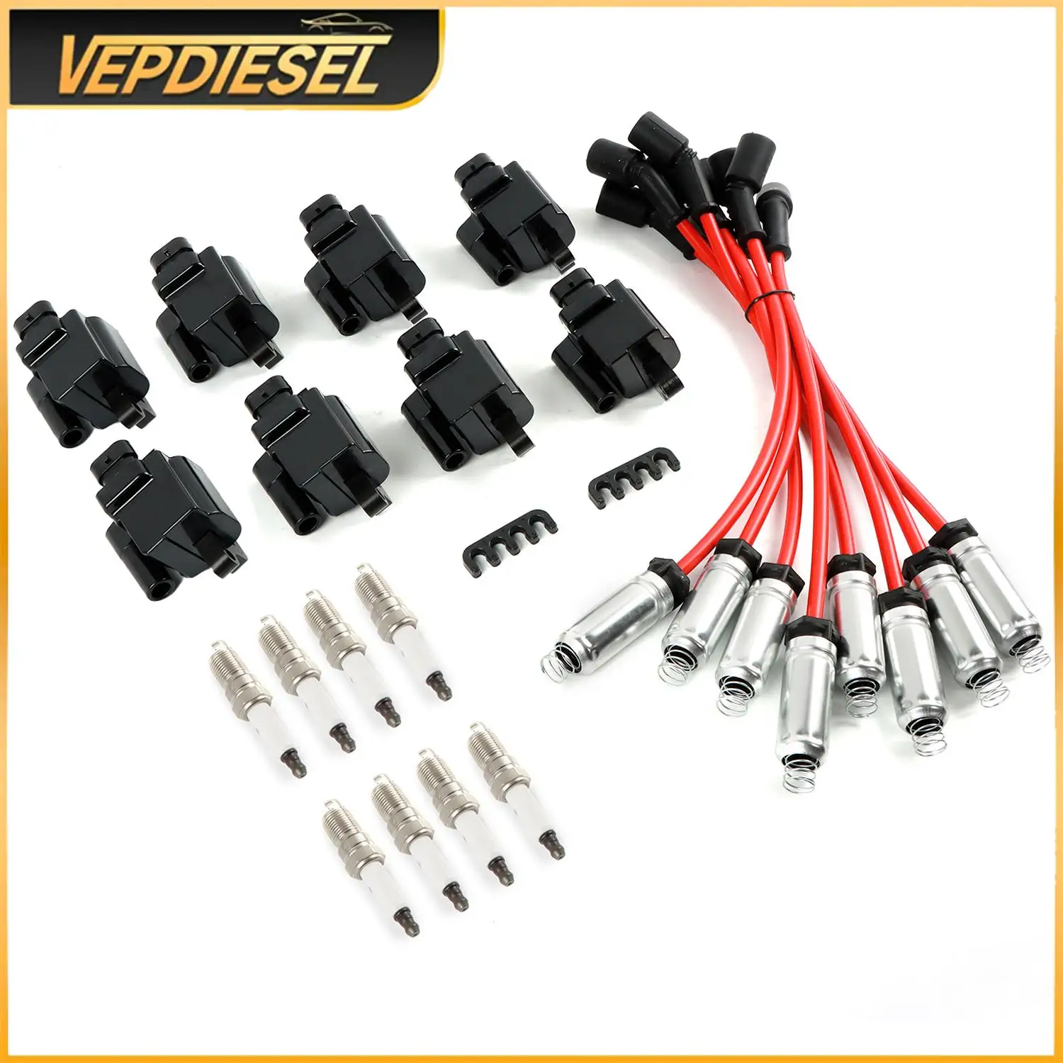 

8pcs Ignition Coils +Iridium Spark Plugs +Spark Plug Wires For Chevy GMC Cadillac Hummer 41-962 19299585 12556893 12558693 9059