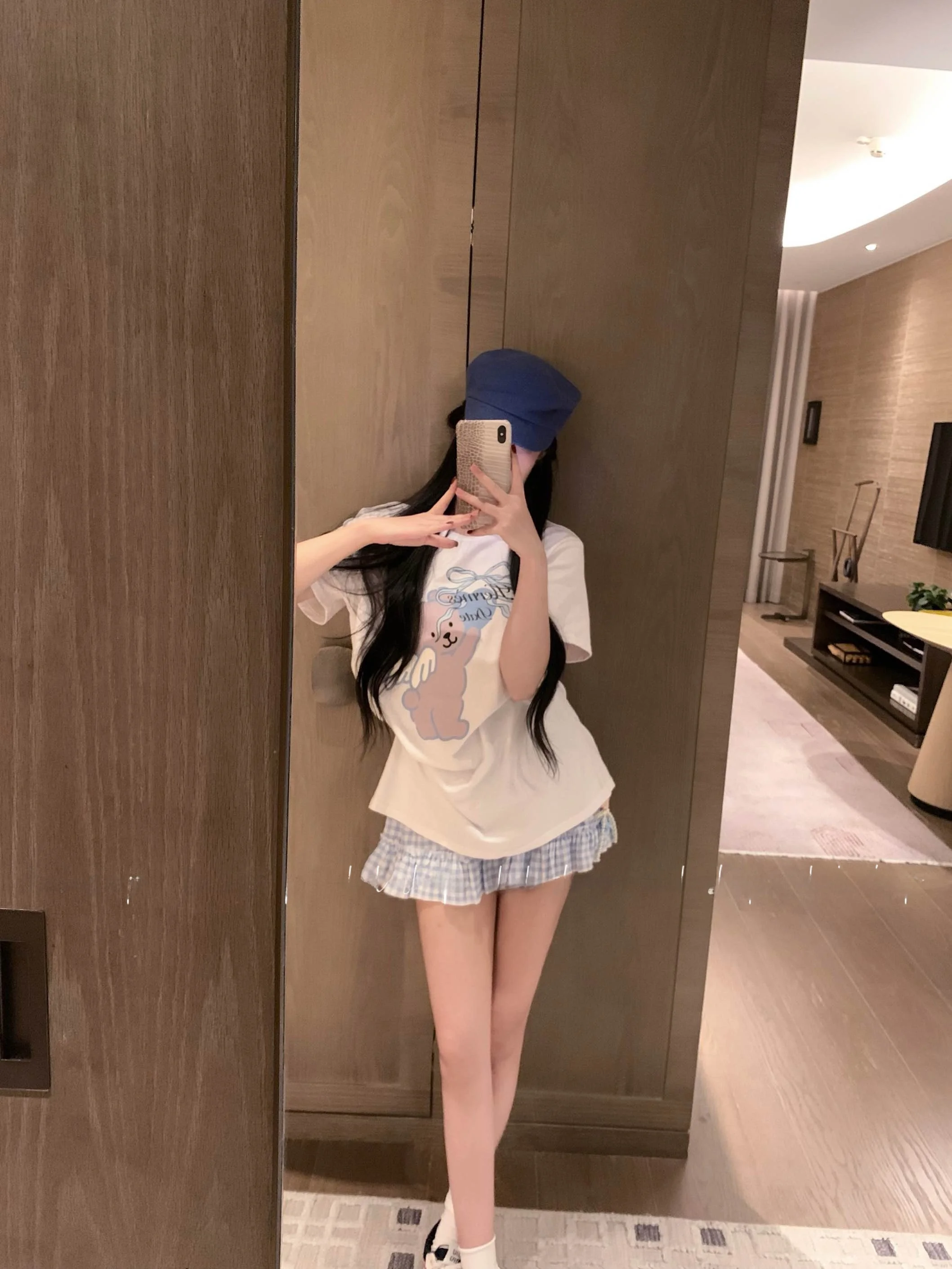 Sweet Korean Style Angel Bear Print T-Shirt Short Sleeve round Neck Mid-Length Half Sleeve Cotton Breathable Women's Top