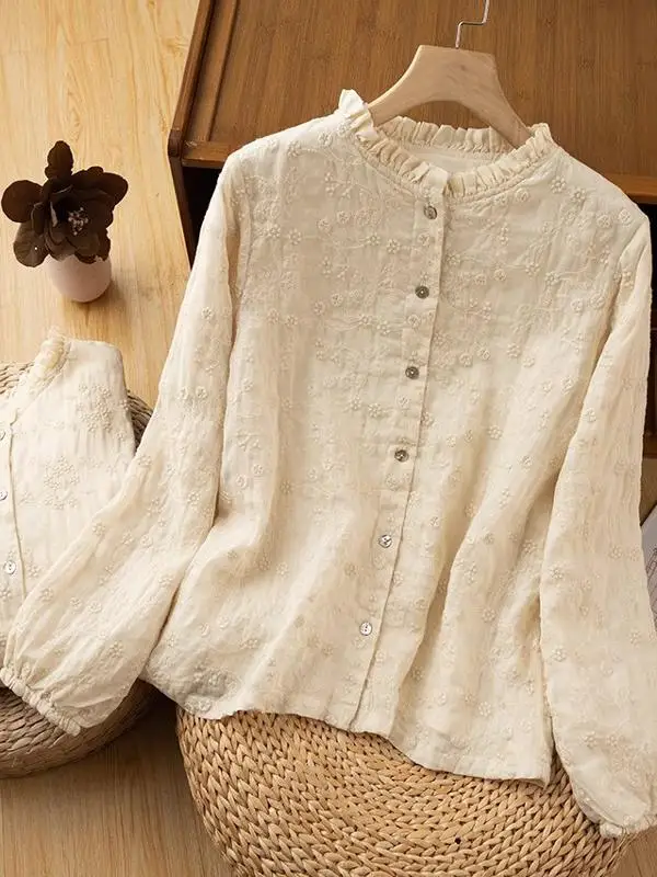 

Retro Heavyweight Embroidered Flax irt Women's Spring 2025 Sle Musoom Lace Collar Linen Top Loose Fit Long Sve