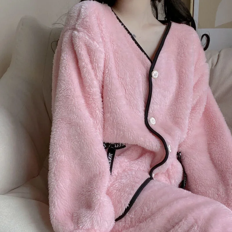 

Coral Fleece Winter Korean Version Cute and Sweet Student Thickened Warm Flannel Loungewear Set High-end Pajamas Comfortable