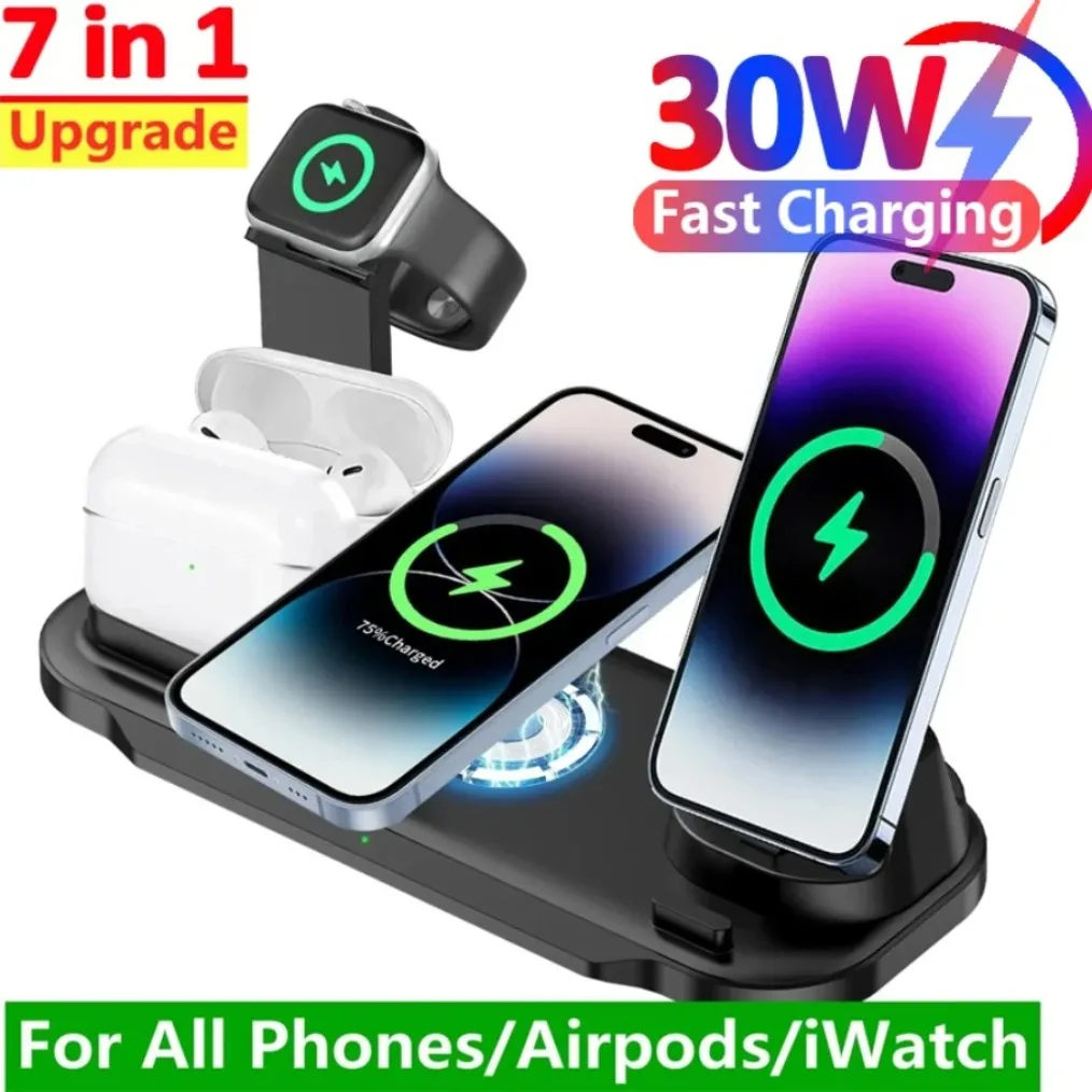 30 واط 7 في 1 شاحن لاسلكي حامل الوسادة آيفون 17-12 برو ماكس أبل ساعة Airpods برو iWatch 8 7 قاعدة شحن سريعة