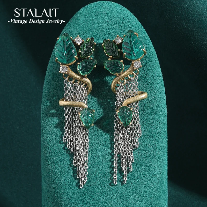 

Vintage Jewelry Drop Earrings Green Glazed Leaves With Tassels For Woman Glass Antique Luxury Designer Brands High Quality 2025