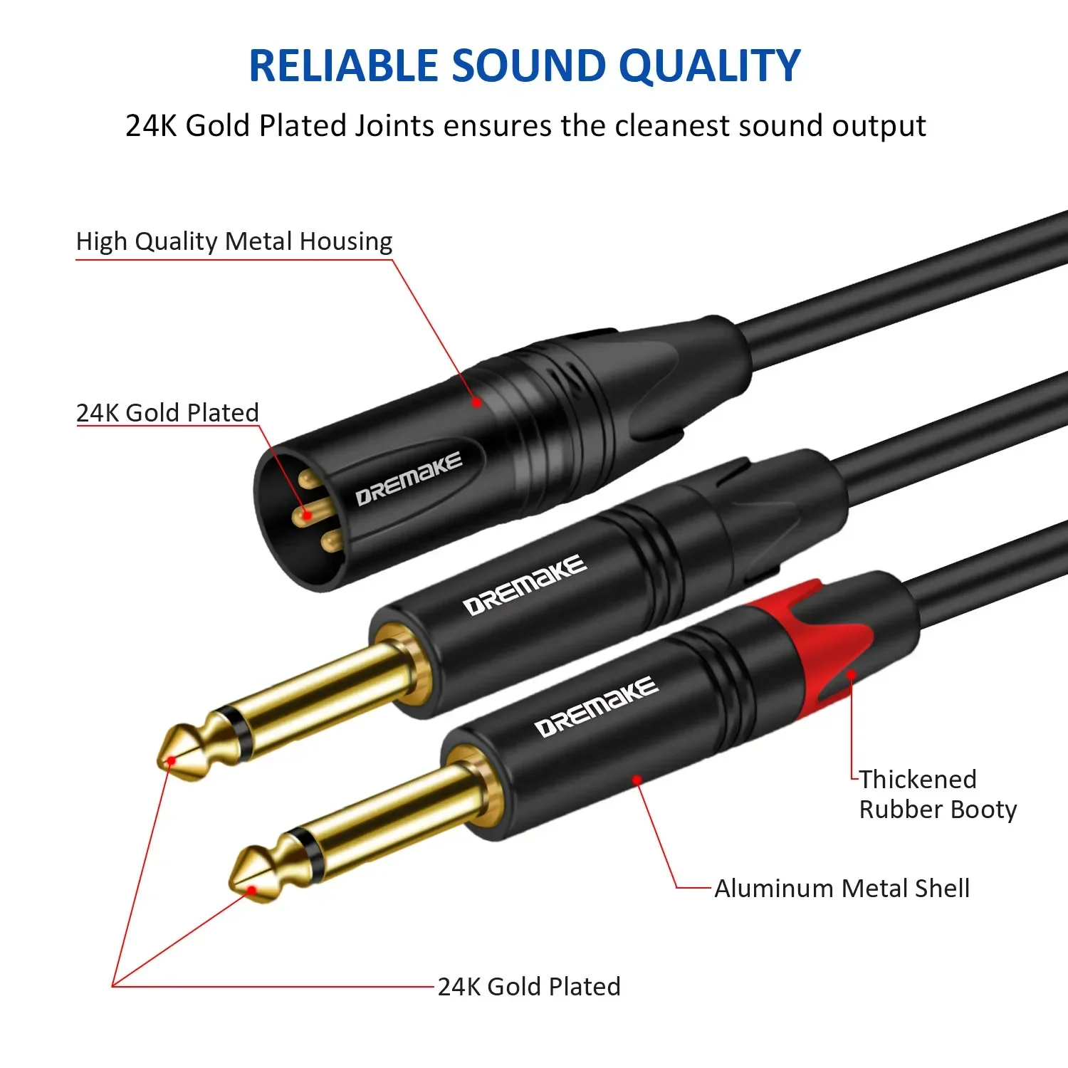 DREMAKE 3-Pin XLR Male to Dual 6.35 1/4\'\' TS Mono Mic Patch Cable XLR to Double 6.35mm Y Splitter 1/4 to XLR Audio Adapter Cord