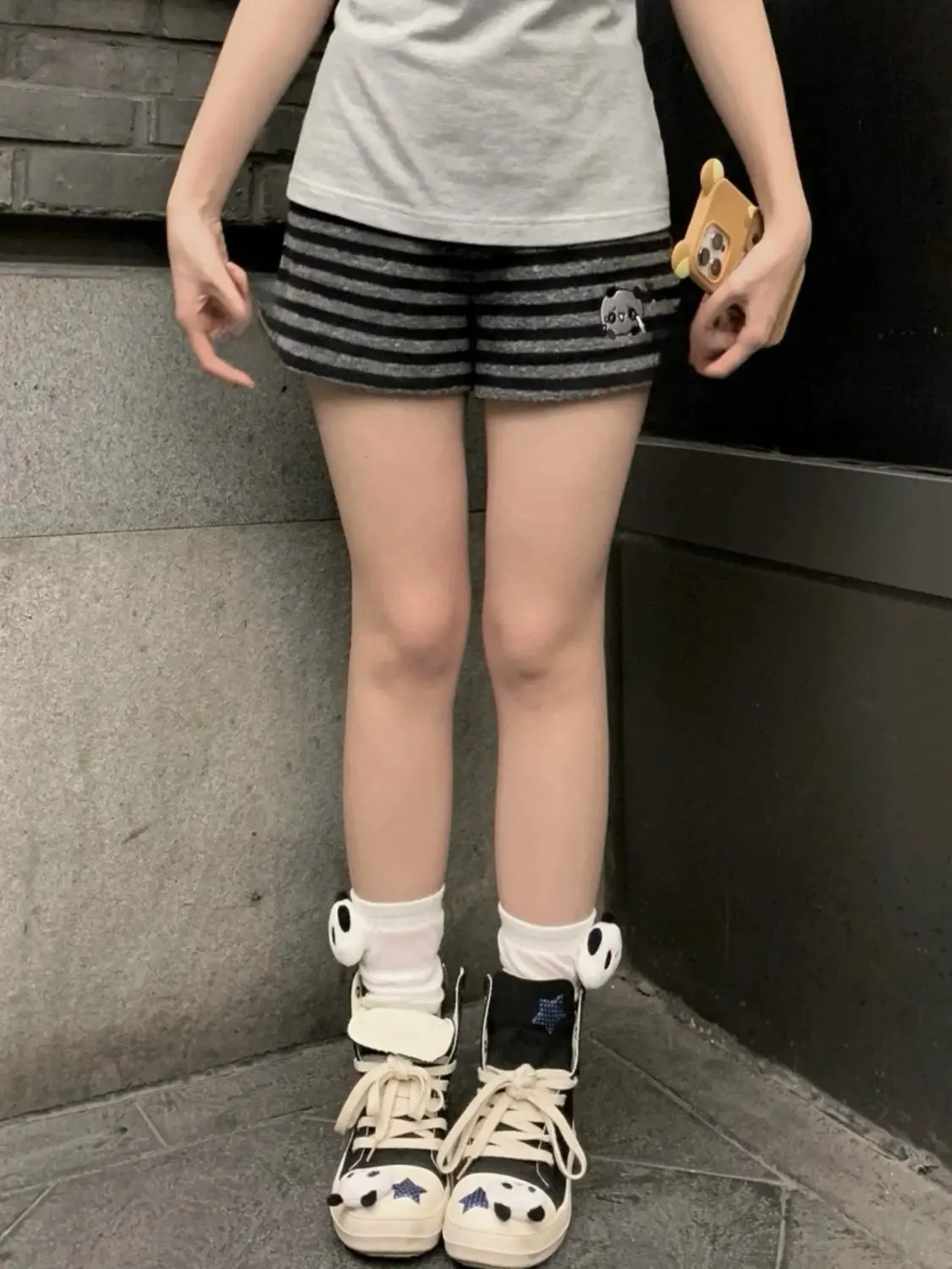 

Summer Black Japanese Panda Shorts Striped Casual Elastic Pantalones Cortos De Mujer Y2k New Shorts Feminino Short Pants Women