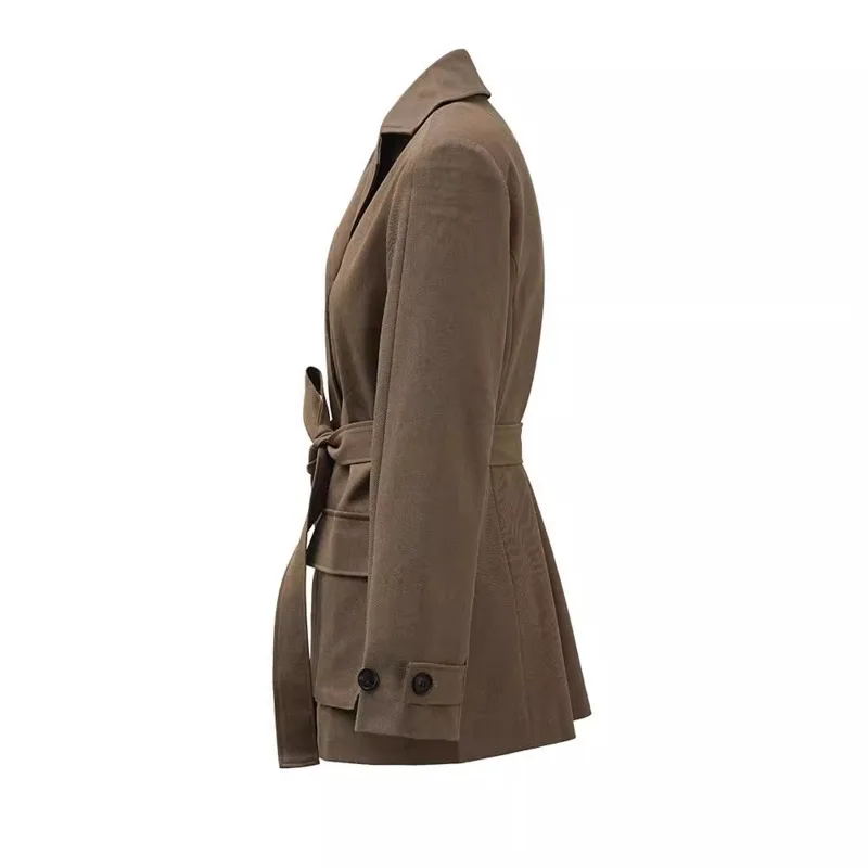 KWTX 2025 ฤดูใบไม้ผลิฤดูร้อนสีน้ําตาล Blazer ผู้หญิง VINTAGE Slim SINGLE Breasted Belted JACKET กระเป๋า Elegant Office ชุดลําลอง