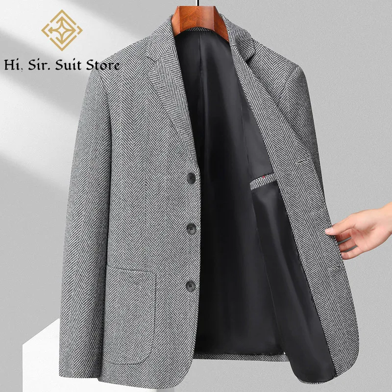 

Hi, Sir. Three-Button Suit Jacket Men's Fall/Winter Wool Coat Brown Herringbon Slim-Fit Tweed Blazer 3 Colors Business Casual
