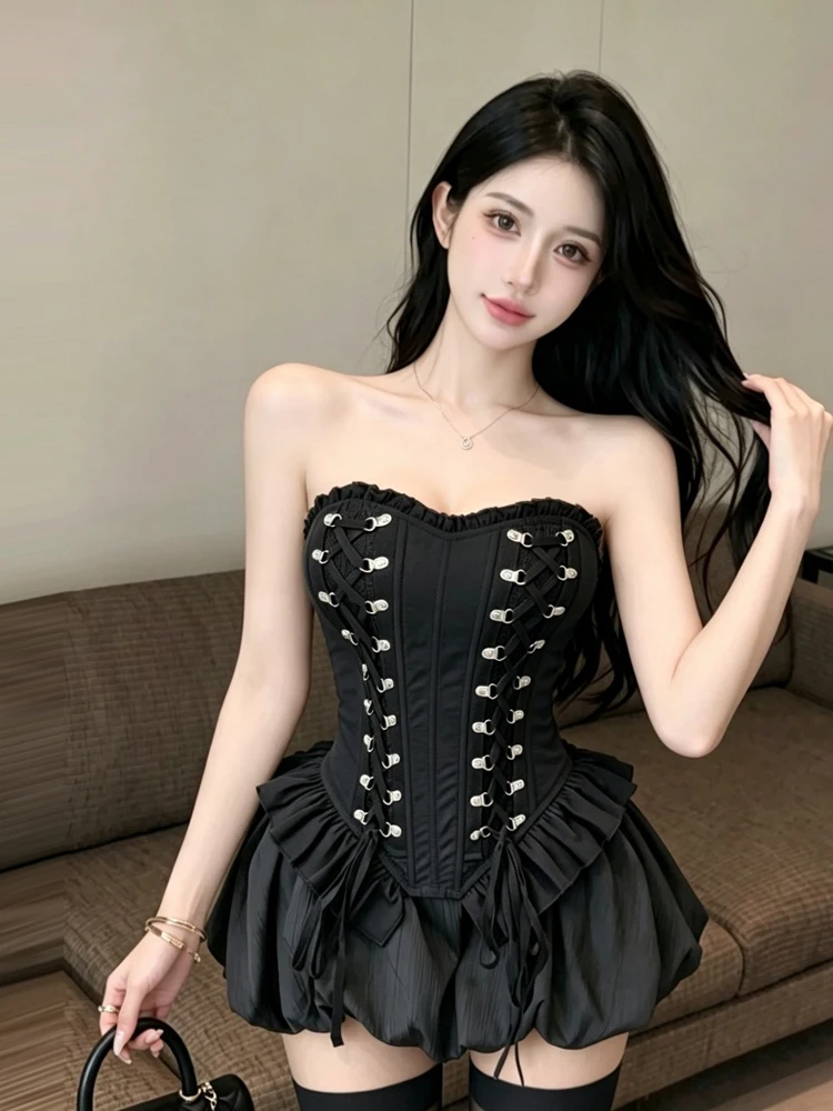 Dark Style Sexy Girl Sleeveless Strapless Fishbone Backless Design Black Top Slimming Effect Women's Ribcage Bandage Crop Top