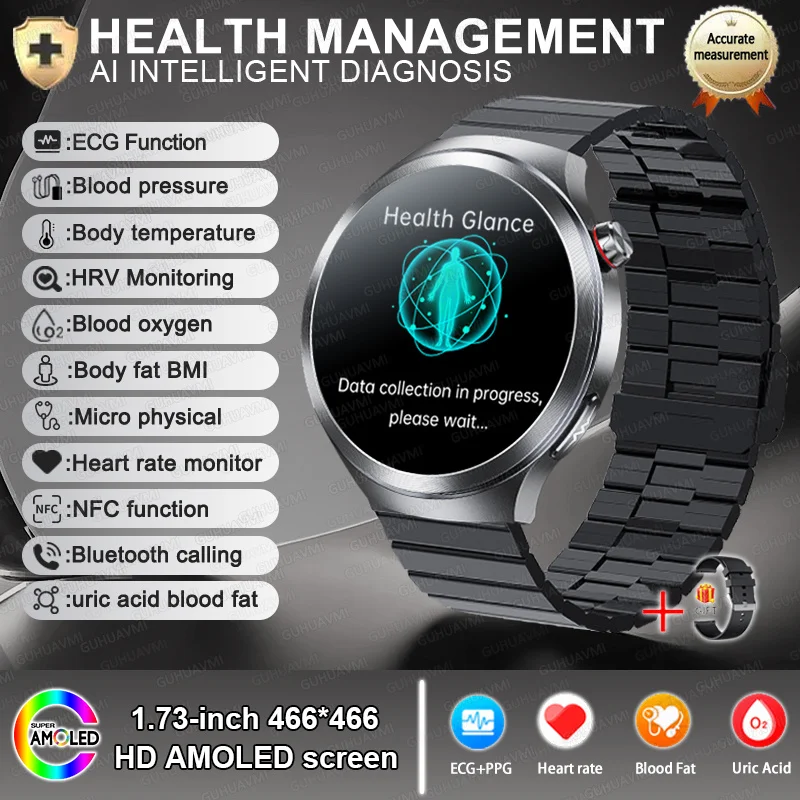 2025 New Health detection ECG+PPG Uric Acid Blood Oxygen Body Analysis Smart Watch Clock Bluetooth BT Call Smart Watch Men