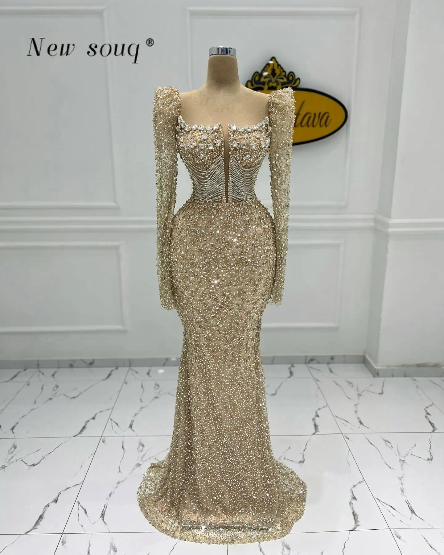 

Arabic Champagne Mermaid Elegant Long Sleeves Evening Dresses for Women Wedding Party 2024 Sparkle Beaded Formal Muslim Gowns