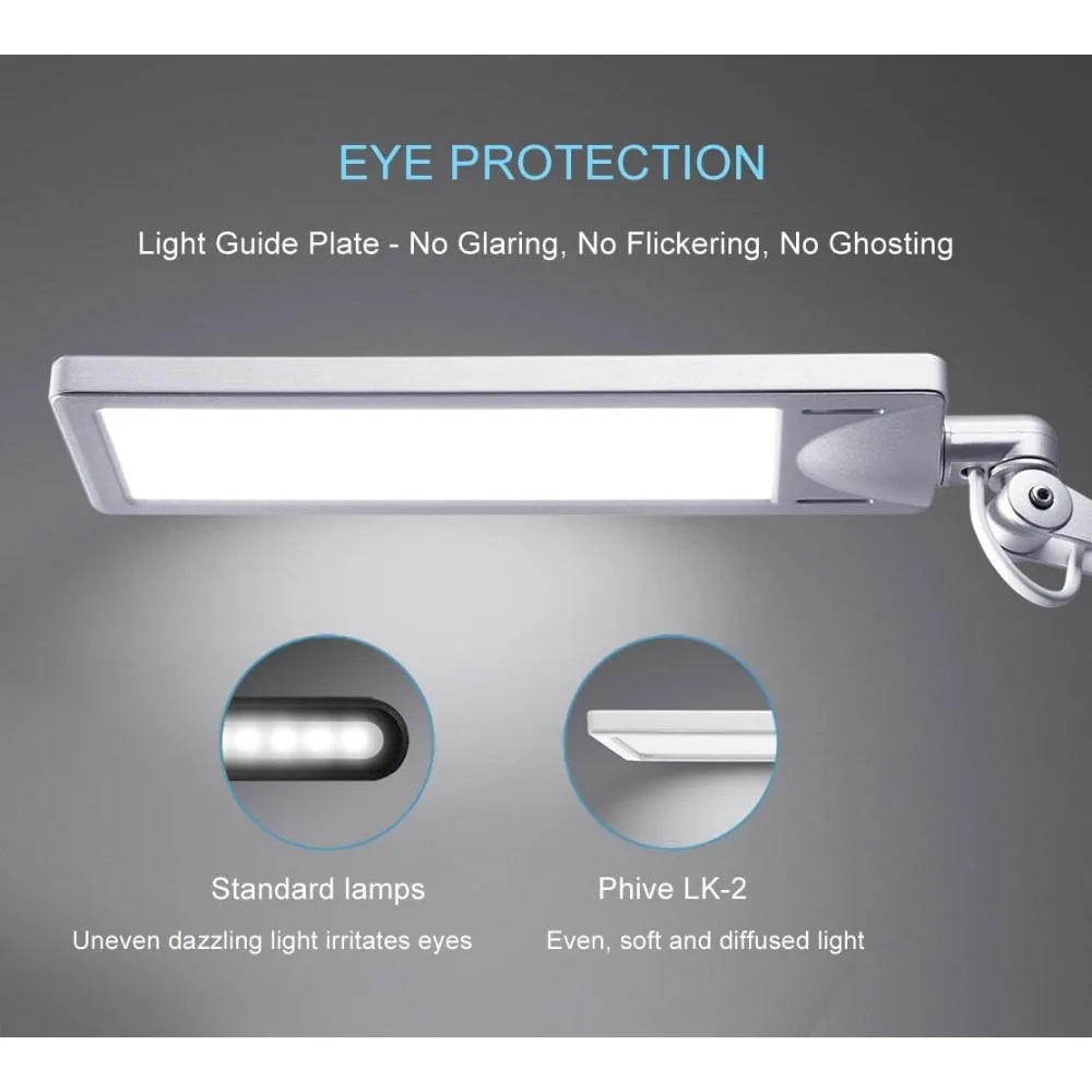Lámpara de escritorio de arquitecto con brazo oscilante de metal de PHIVE LK-2: luz de banco de trabajo regulable con 4 modos y 6 niveles de brillo para el cuidado de los ojos