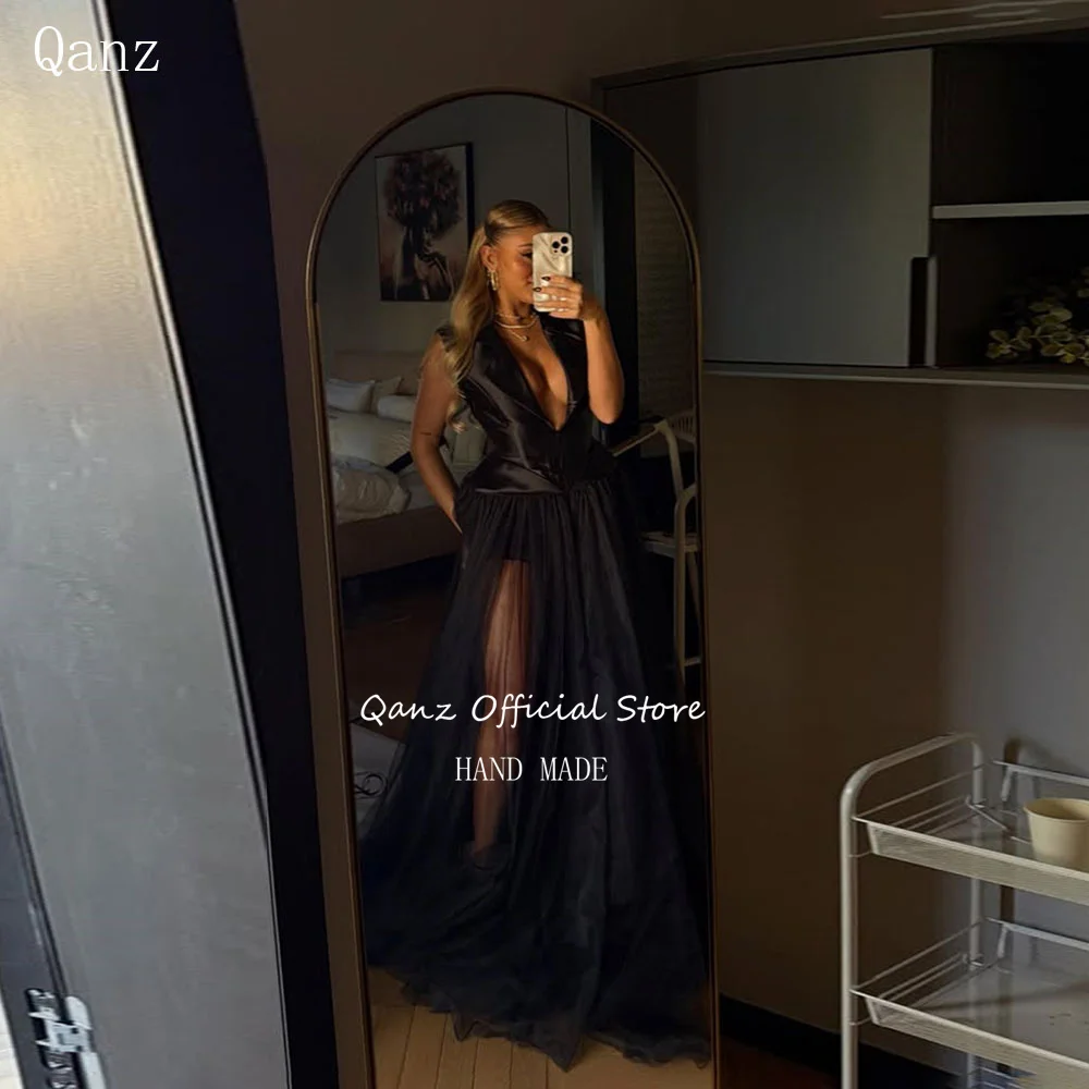 

Qanz Элегантные тюлевые платья для выпускного вечера с глубоким V-образным вырезом Вечерние платья Длинное трапециевидное платье для свадебного платья для гостей по индивидуальному заказу