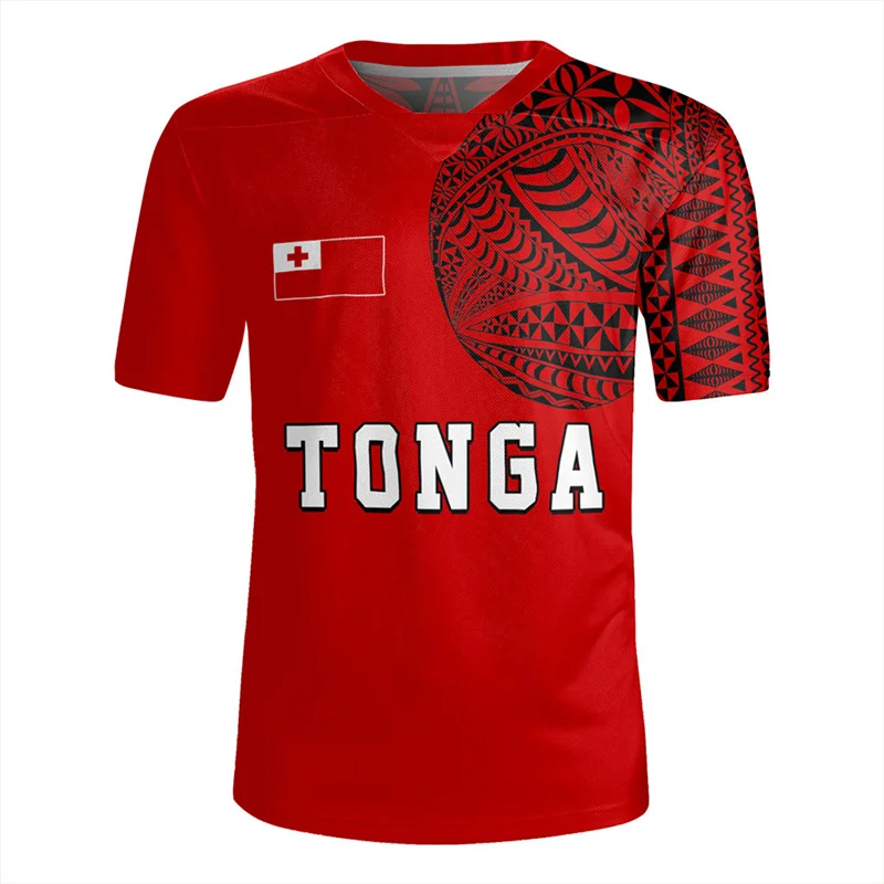 Harajuku 3D Tonga Rugby-Jersey Print V Neck T Shirt The Kingdom Of Tonga Emblem Graphic V neck T-shirts Mens Clothing Tee Shirts