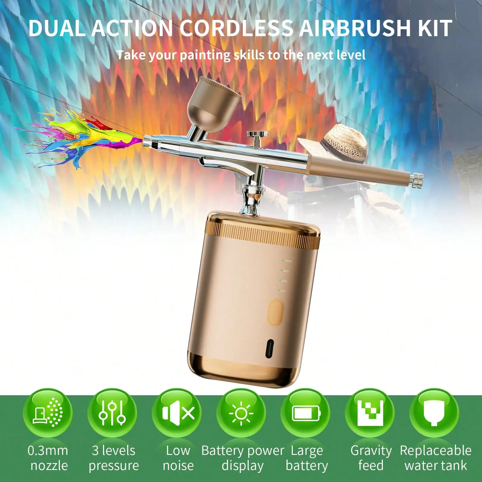 Wireless Airbrush Gun Kit 1200mAh Rechargeable Air Brush Compressor Set,3‑Gear Adjustable Speed,0.3mm Nozzle Anti‑Block Airbrush With Cleaning Brush for DIY Nail Art,Facial Makeup,Artwork Painting,Cake Decoration