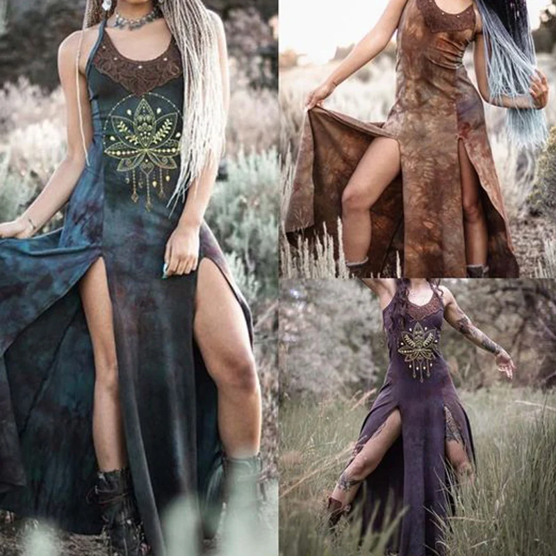 Tunic Dress High Slit Sexy Elf Elven Women Forest Boho Vintage Halloween Sorceress Priestess Costume Moon Print Festival Outfit