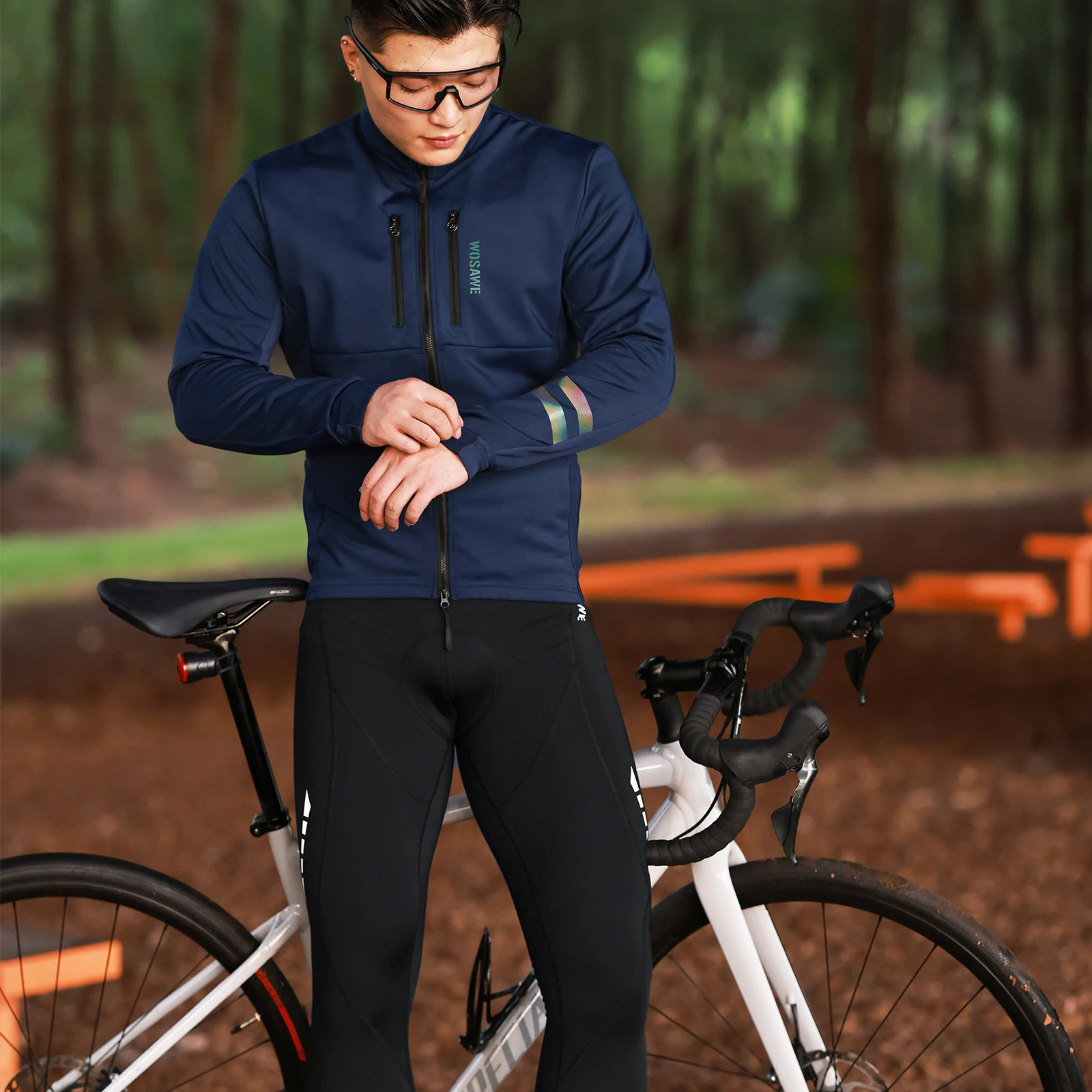 WOSAWE Spring Winter Cycling Jacket Men Fleece Long Sleeve Bike Jacket Black Thermal Fabric MTB Bicycle Jersey