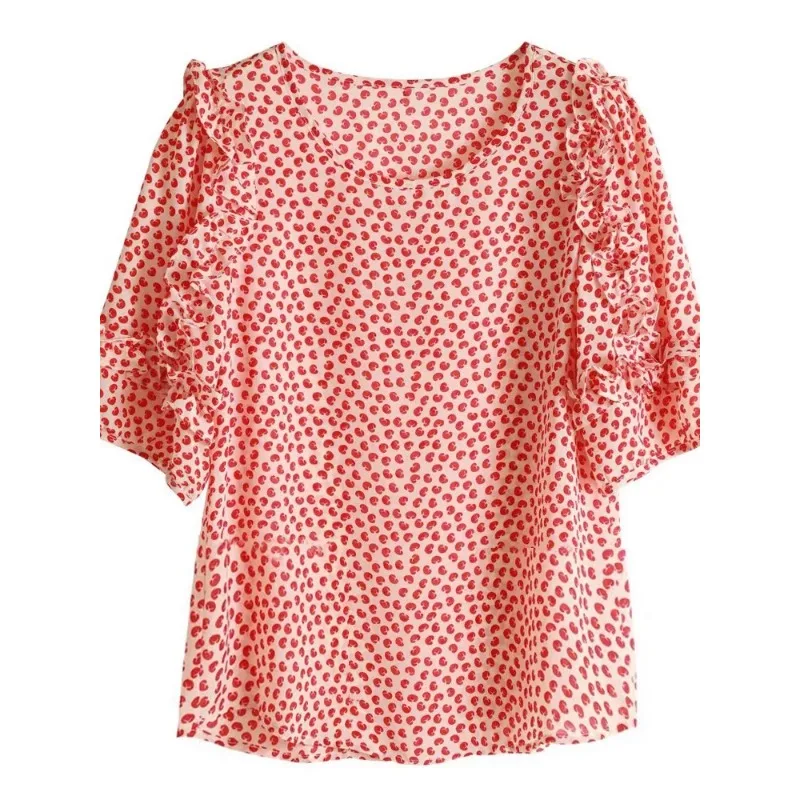 

Women's Sweet Heart Polka Dot Chiffon Blouse Ruffle Trim Half Sleeve Loose Casual Summer Top