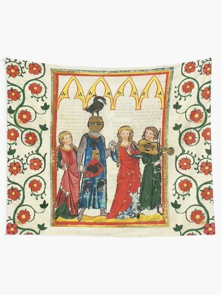 KNIGHT OF SWAN DANCING WITH BEAUTIFUL LADIES ,FIDDLE MUSIC ,MEDIEVAL MINIATURE WITH WILD ROSES Tapestry