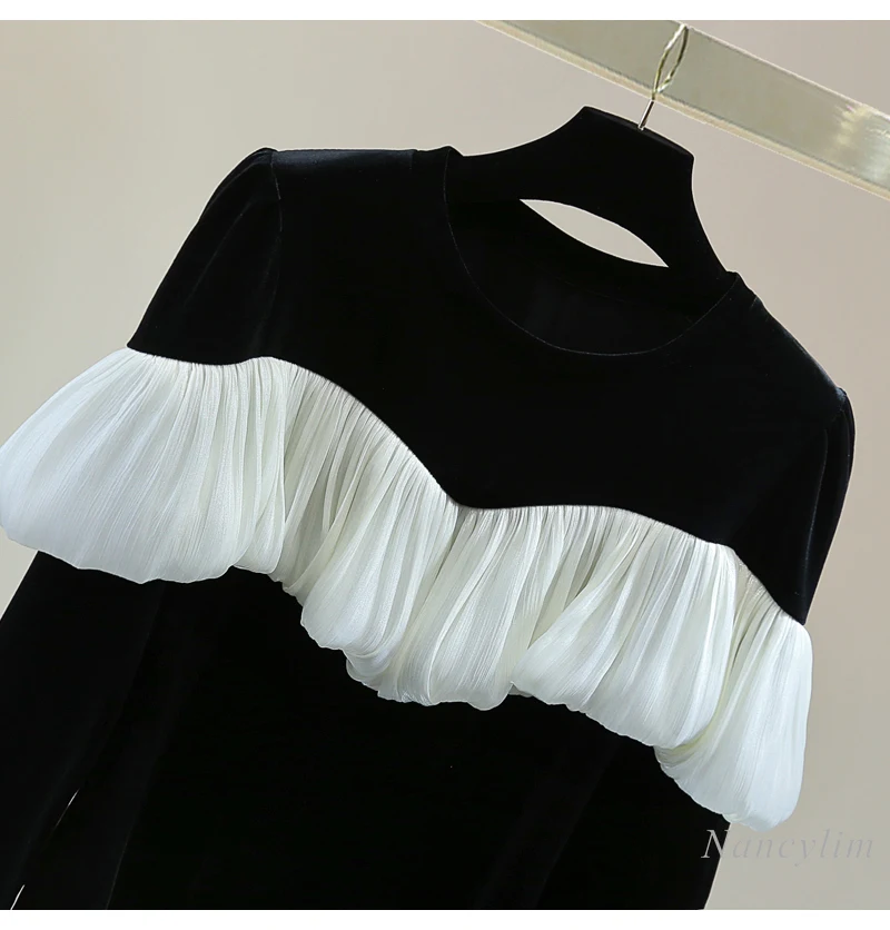 Chiffon Splicing Ruffle Edge Long-sleeved T Shirt Ladies 2025 Spring Contrasting Color Golden Velvet Crew Neck T-Shirt Tops