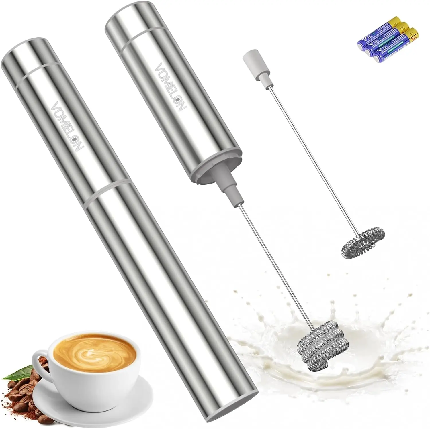 Espumador de Leche Portátil, Espumador de Café de Viaje a Pilas, Mezclador de Bebidas con 2 Batidores de Acero Inoxidable para Chocolate Caliente, Pilas Incluidas, Plateado