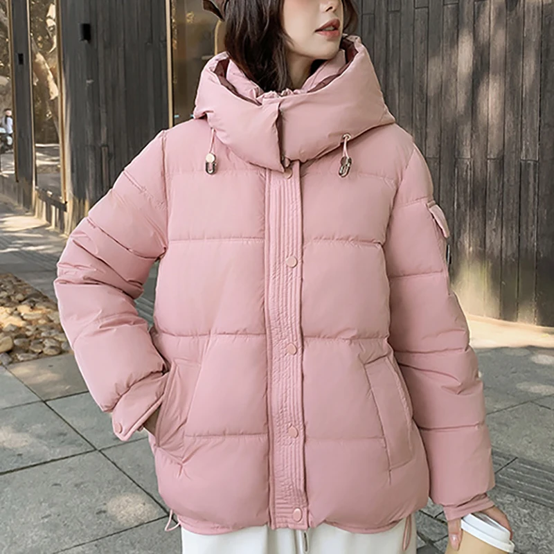Parker Winter Warm Hooded Short Jacket Women Cotton New Solid Color Loose Thick Long Sleeved Zipper Fashion Women Cotton Jacket