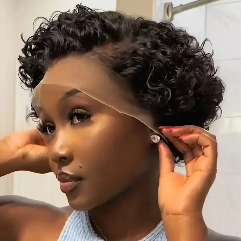 13x4x1 Pixie Cut Lace Front Wig for Women  Curly Wave 150% Density Human Hair Wig