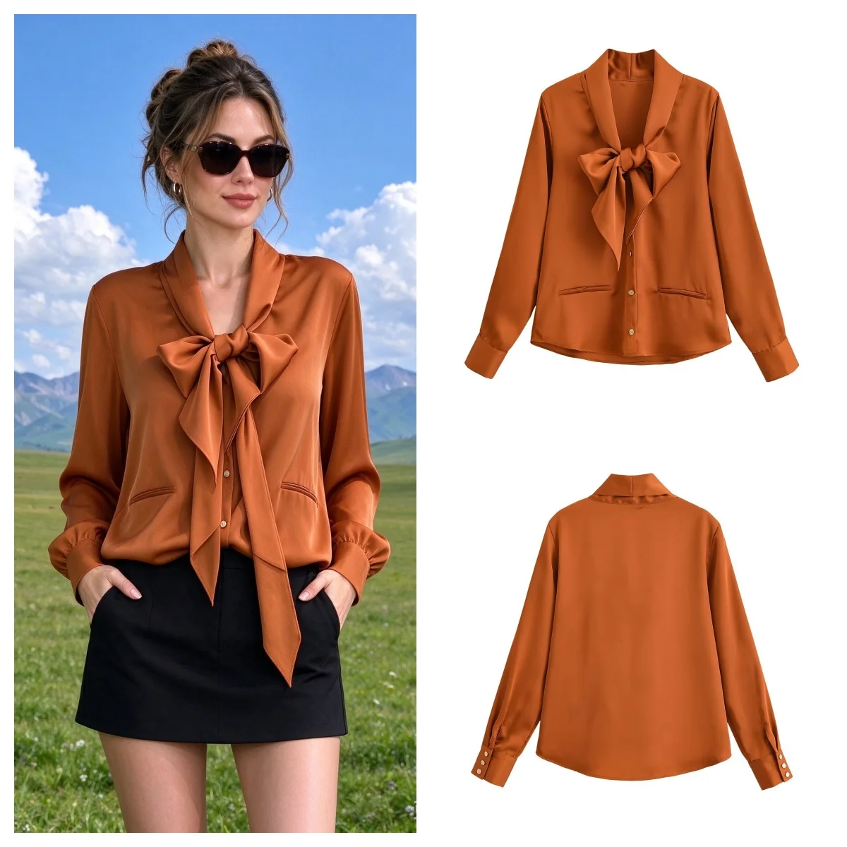 Guobioziy 2026 Autumn Women's Shirt  Bow Tie Collar Satin Sleek and Delicate Everyday Commuter Retro Elegant Intelligent Fashion