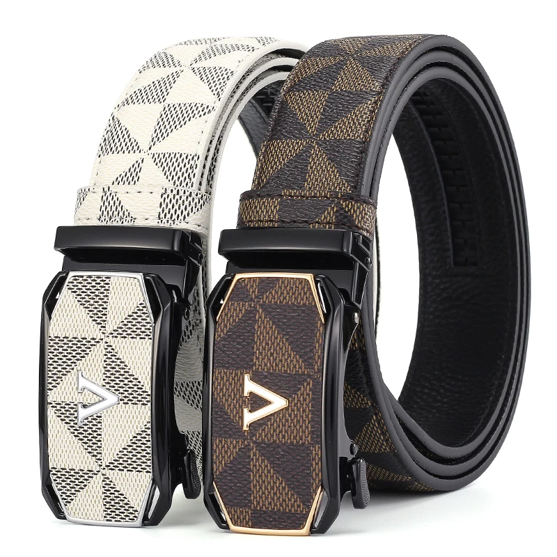 

Men's Luxury V Letter Belt Automatic Buckle Classic Triangle Pattern PU Leather Business Casual Waistband for Jeans