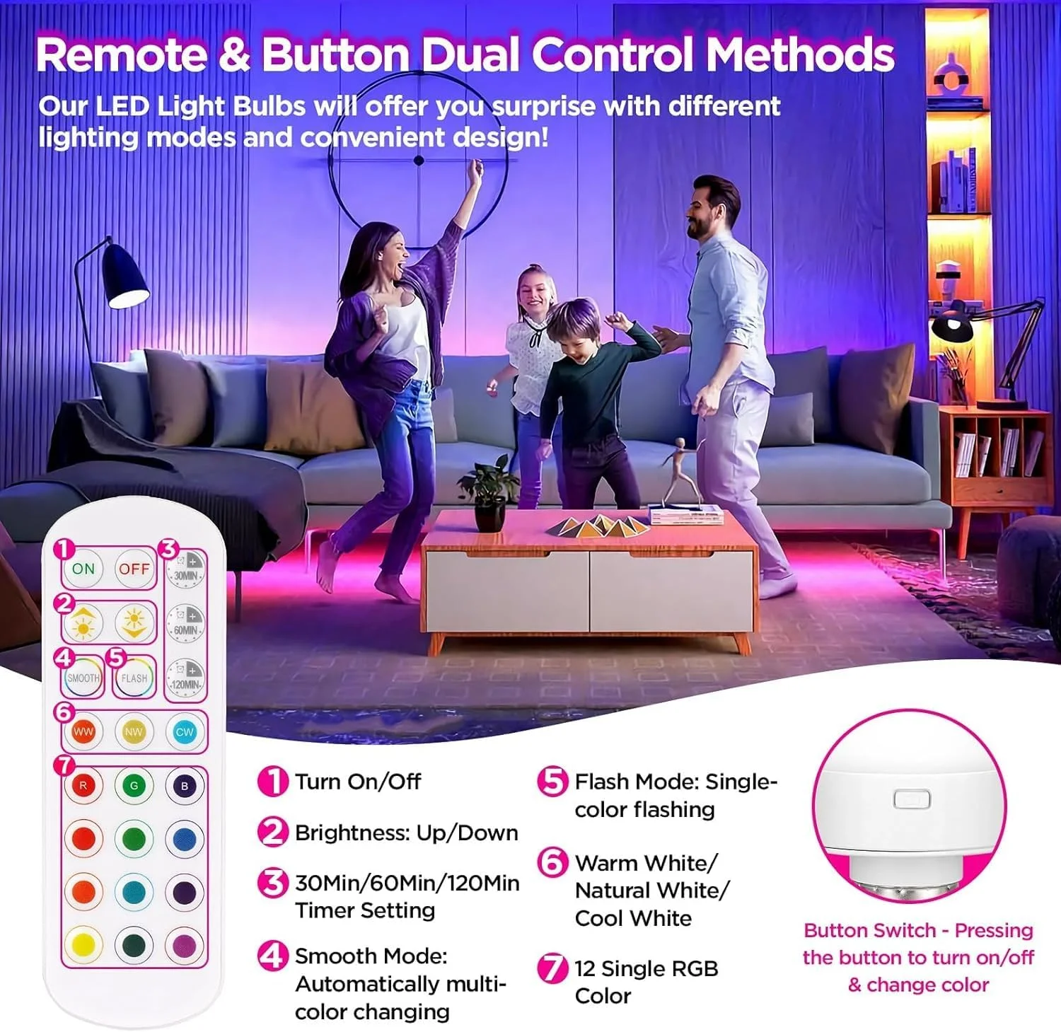Rechargeable Battery Operated Light Bulb with Remote Control 5W E27 Dimmable Detachable LED Bulb 3 Timer Wireless Puck Light