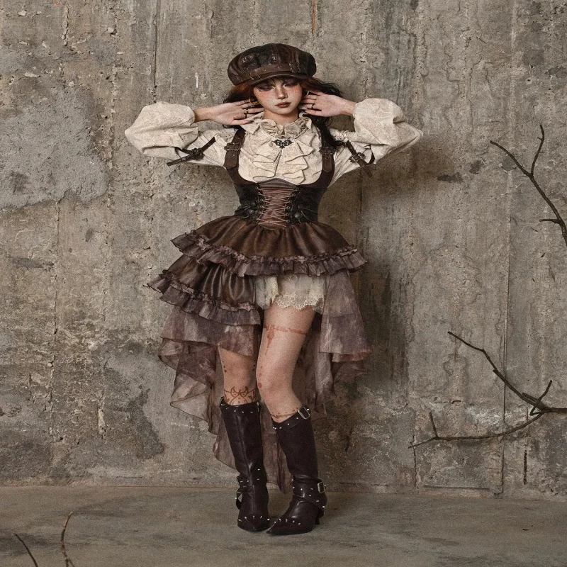 

Gothic A Line Dress Original Dark Steampunk Asymmetric PU Maillard Chest Strap Trail Dress Brown Light Lolita Suspender Dress