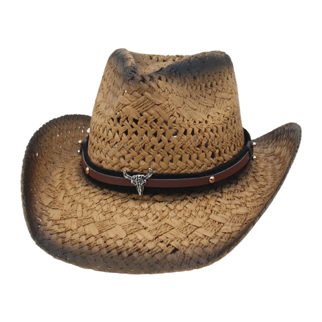 Sombrero de vaquero occidental de paja con ala curvada y decoración de cabeza de toro, sombrero de paja calado transpirable para ranchos, ocio, playa, vacaciones y uso diario.