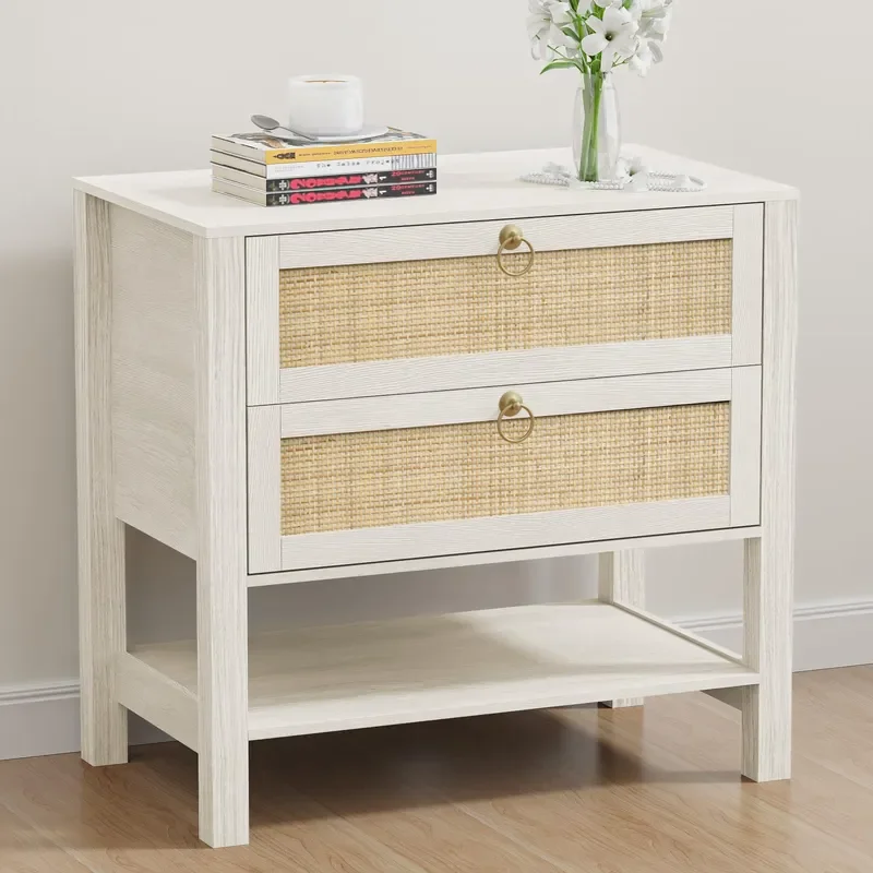 Rattan Bedside Table with Two Drawers and Storage Rack Gold Handle Nightstand for Bedroom Home Furniture Decor