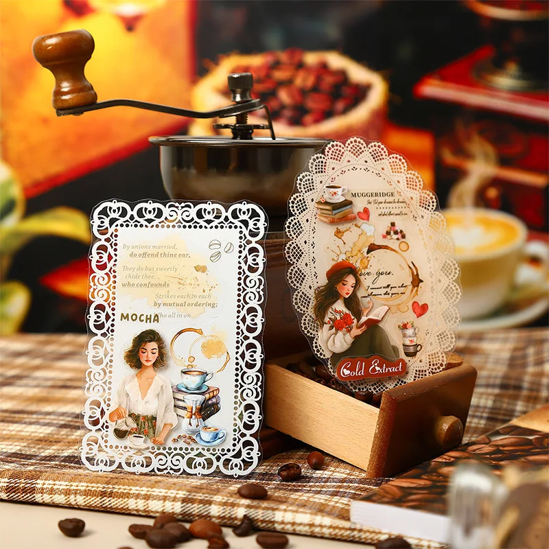 

1pack/2pack European Vintage 1Sheet/pack Coffee Layered Collage Decoration Freedom Series Four-Fold PET Sticker