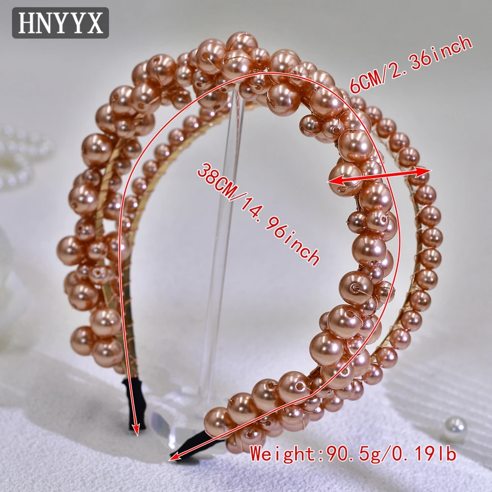 HNYYX Champagne Color Pearls Crown Headwear Double Row Beaded headband  vintage Style Pearl Head HoopsHair Accessories A07