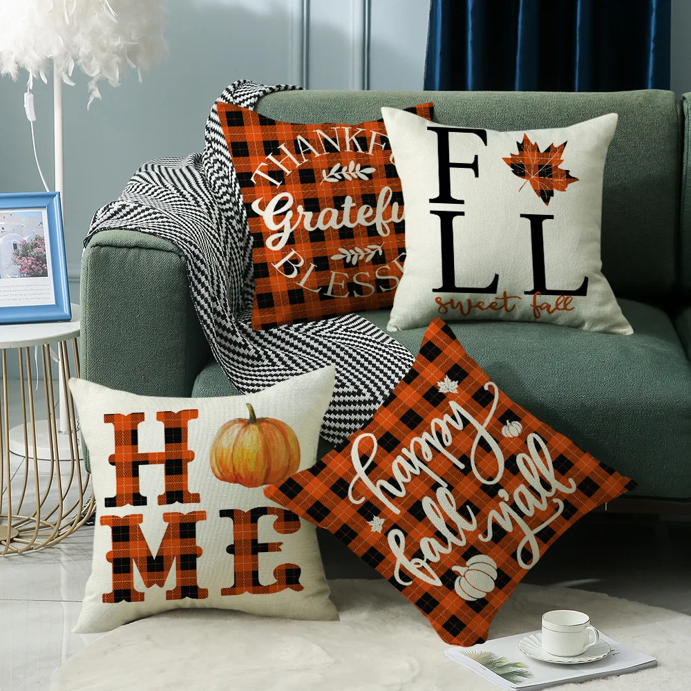 

Thanksgiving Decor Pillow Cover 18x18 Inches Linen Pillowcase Pumpkin Letter Throw Pillow Case Buffalo Check Plaid Cushion Cover