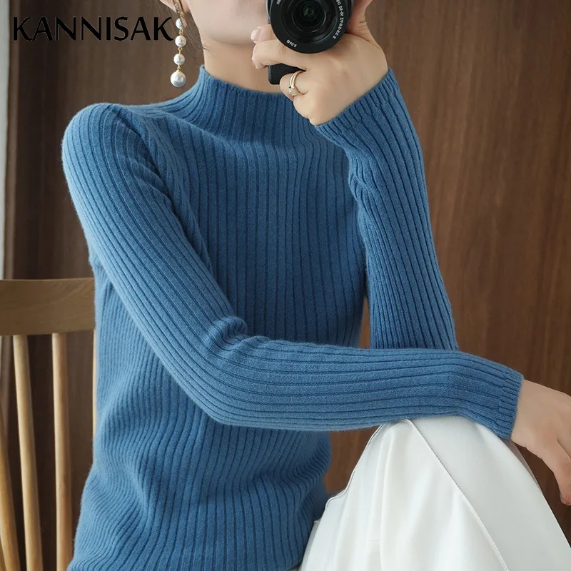 Womens Sweater Solid Mock Neck Inner Bottoming Shirt Korean Slim Fit Stretch Pullovers Autumn Winter Casual Knitted Warm Jumpers